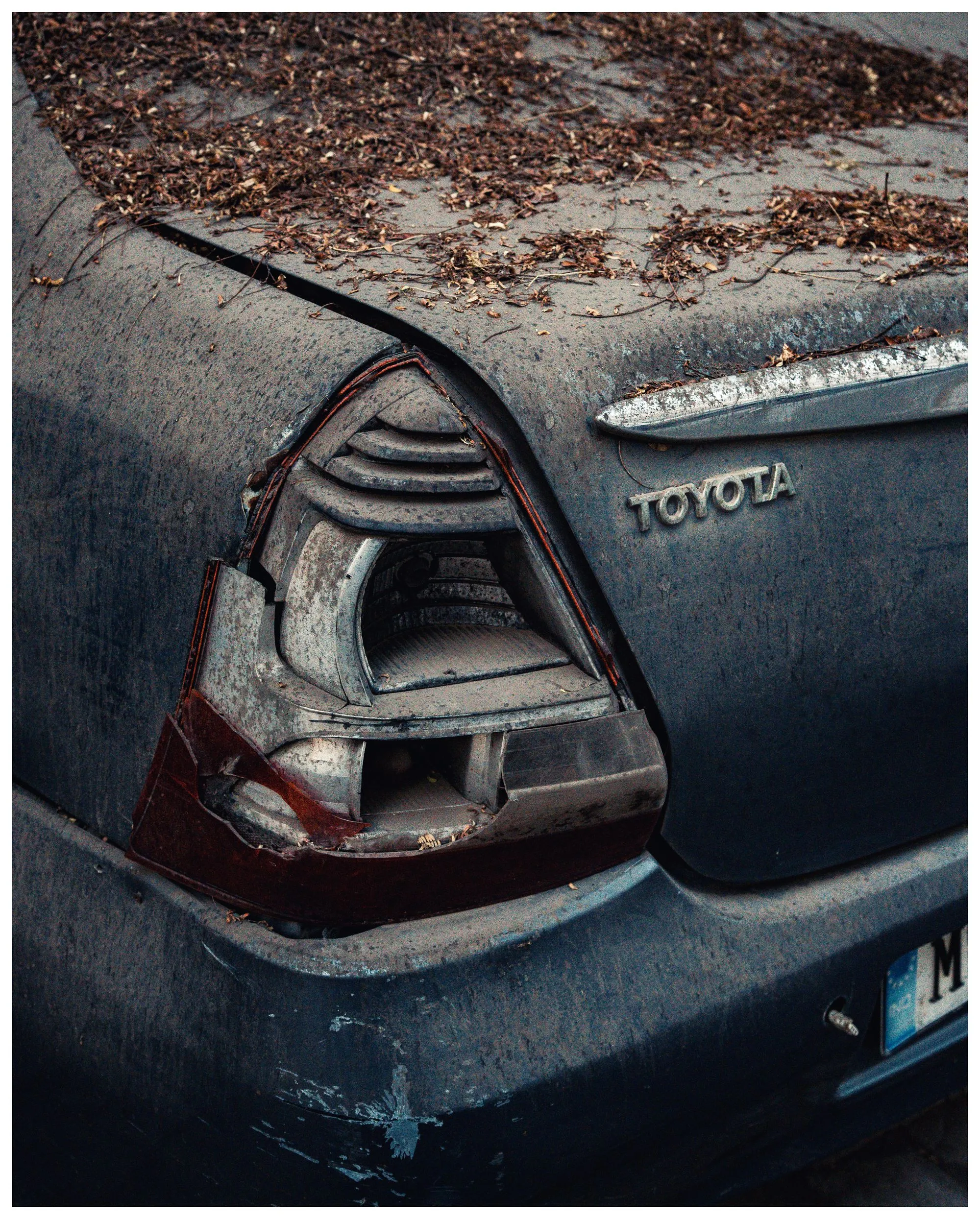 Old dark sedan with a cracked taillight, covered in dust and fallen leaves after sitting for a long time